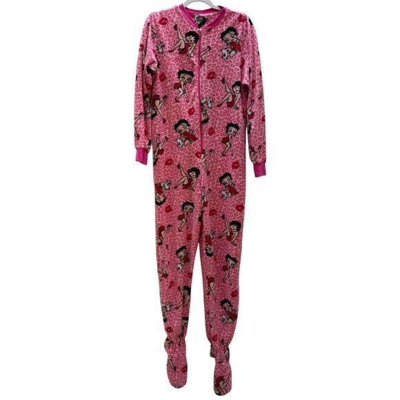 Betty Boop Pink Leopard KISS Footed Pajamas Fleece One Piece Zip Sleepwear SZ M‎ - Picture 1 of 8